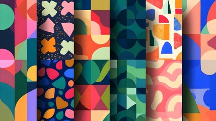 Seamless abstract geometric patterns in trendy colors for textiles, wallpapers. Concept: Modern geometric designs for versatile use in textiles, wallpapers, packaging, and digital backgrounds