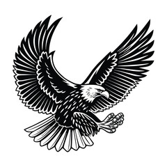 A majestic bald eagle soars in graceful flight, its silhouette sharp against the sky, symbolizing freedom, strength, and the untamed spirit of the wild.
