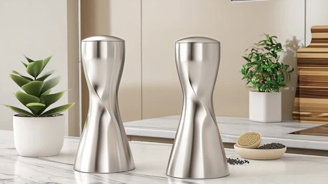 Stainless steel kitchen accessories featuring a sleek design complement a contemporary dining setup, adding elegance and practicality