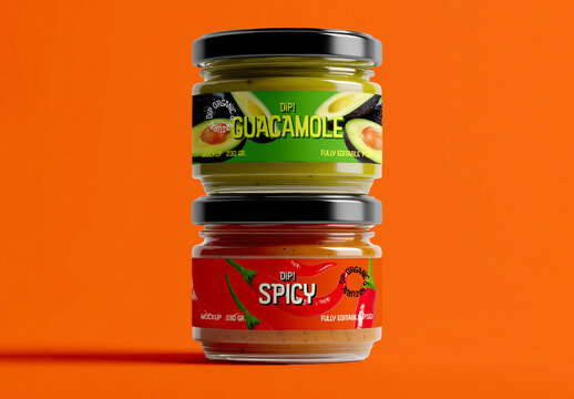 Stacked Glass Jar Mockup with Guacamole and Spicy Dip