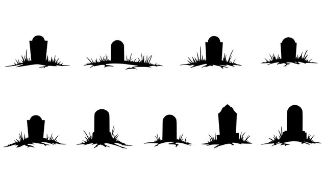 A collection of simple silhouette headstones on grass evoke a spooky atmosphere, ideal for representing memorial, death, and cemetery themes. vector illustration