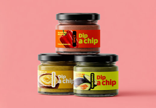 Stacked Three Glass Jar Mockup with Assorted Dips