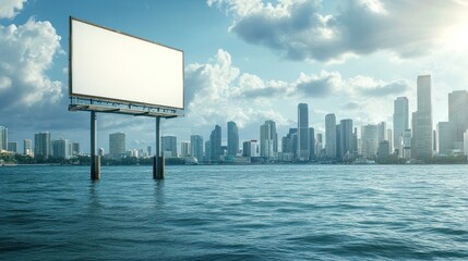 Advertising billboard submerged in water with a city skyline backdrop and sunny skies