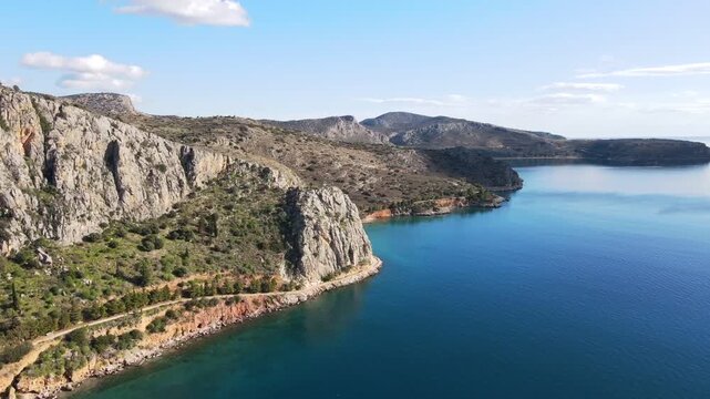 Aerial Mediterranean Sea seascape near Paralia Arvantias beach in sunny day winter Nafplio