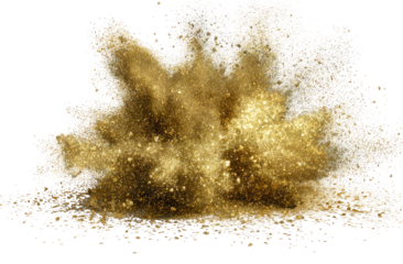 Golden explosion of fine particles against a dark background.  A cloud of gold dust erupts outward from a central point, leaving a trail of fine particles on the ground below