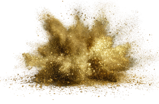 Golden explosion of fine particles against a dark background.  A cloud of gold dust erupts outward from a central point, leaving a trail of fine particles on the ground below