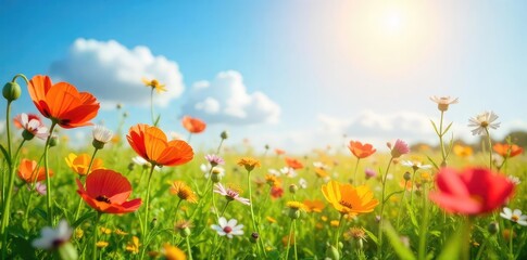 Fototapeta premium A vibrant, sun-drenched field of wildflowers swaying gently in the breeze, embodying pure, joyful serenity Perfect for themes of optimism, positivity, and carefree living , serenity, floral