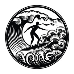A bold surfboarder silhouette captures the thrill of riding the waves, symbolizing adventure, freedom, and the timeless spirit of surfing against the sea and sky.
