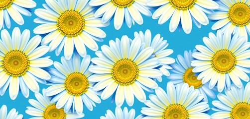 Vibrant blue, white, and yellow daisy seamless vector pattern, daisies, pattern