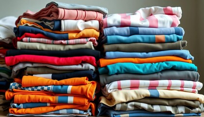 Neatly folded stacks of diverse secondhand clothing,  recycled,  bargain