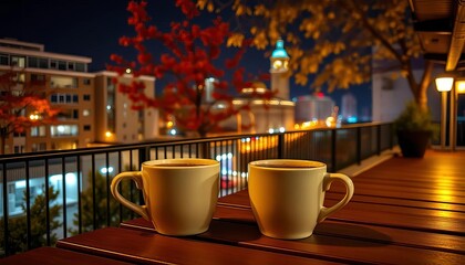 Autumn night, city terrace, two coffee cups, warm lights, late night, rooftop