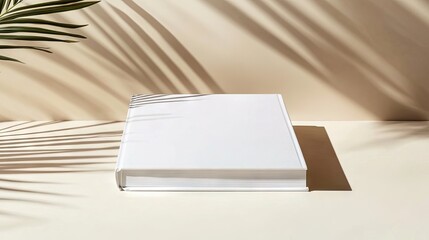 Fototapeta premium White book on beige surface with palm leaf shadows