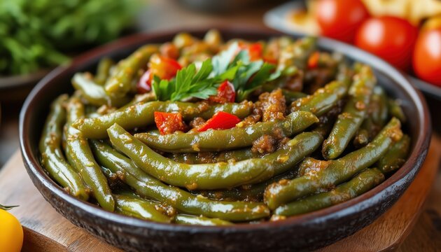 Delicious Turkish Dish: Green Beans With Olive Oil - Zeyagli Taze Fasulye. A Traditional Turkish Food, Bursting With Flavor And Authenticity.