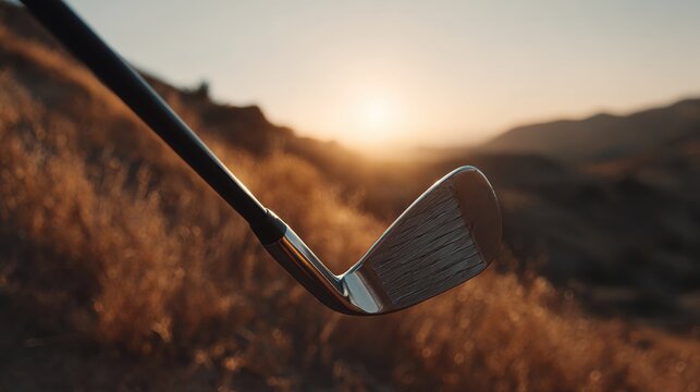 Close-up of Golf Club with Landscape and Sunset - Powered by Adobe
