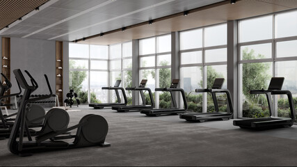 Modern gym interior with sport and fitness equipment, fitness center interior, crossfit and workout gym, 3d rendering