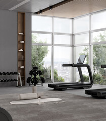 Stylish gym interior with sport and fitness equipment, fitness center interior, 3d rendering