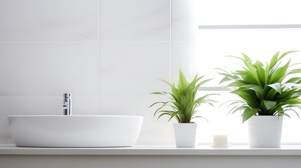 A soft, minimalist bathroom with a square sink, bright green leafy plants in white planters, smooth white wall with subtle light gradients, clean and airy composition, full-frame,