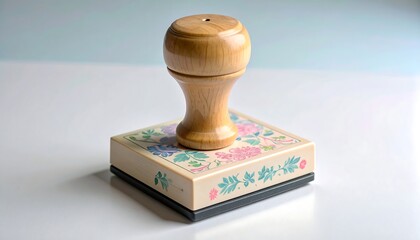 Wooden-handled stamp with floral design on off-white base