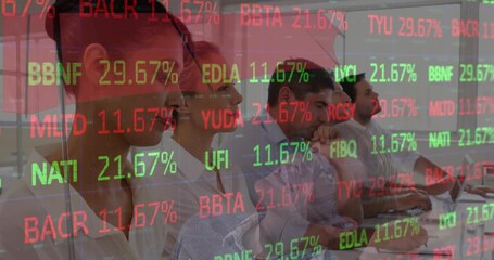 Diverse team applauds as they process global stock market data in office meeting. - Powered by Adobe