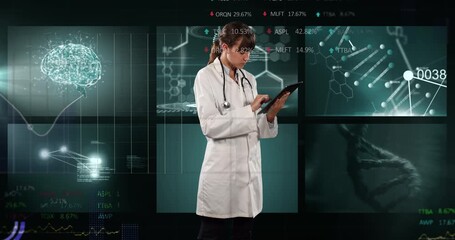Animation of data processing over caucasian female doctor with tablet - Powered by Adobe
