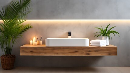 A spa-like bathroom featuring a white rectangular sink on a floating wood vanity, green palm plants next to the wall, soft grey concrete wall, warm under-cabinet lighting, serene atmosphere.