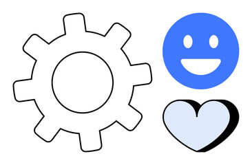 Gear symbolizing process, happy face representing positivity, and heart indicating care and passion. Ideal for teamwork, progress, creativity, motivation, relationships, empathy simple landing page