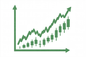 Glittering green candlestick chart illustrating upward trends over time against a transparent background, symbolizing financial growth and success