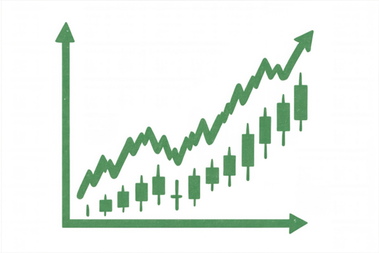 Glittering green candlestick chart illustrating upward trends over time against a transparent background, symbolizing financial growth and success