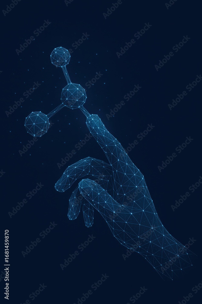 Poster conceptual digital hand interacting with molecule structure in futuristic network technology