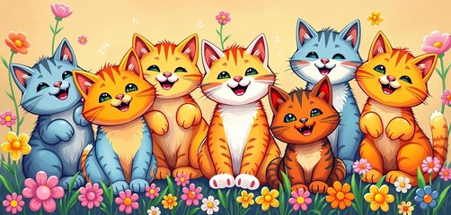 Fototapeta premium Six playful cartoon cats, vibrant colors, spring flowers, paw prints , April, pet