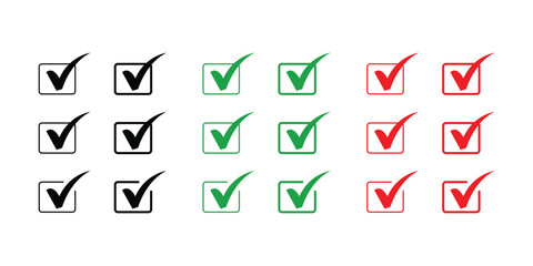 Check Mark Icon Set in Various Styles Colors Black Green and Red on Transparent Background