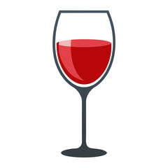 A simple flat design illustration of a wine glass filled with deep red wine on a white background