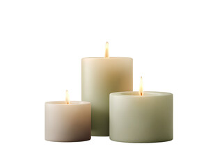 Three Minimalist Cylindrical Candles with Lit Wicks isolated on a transparent background