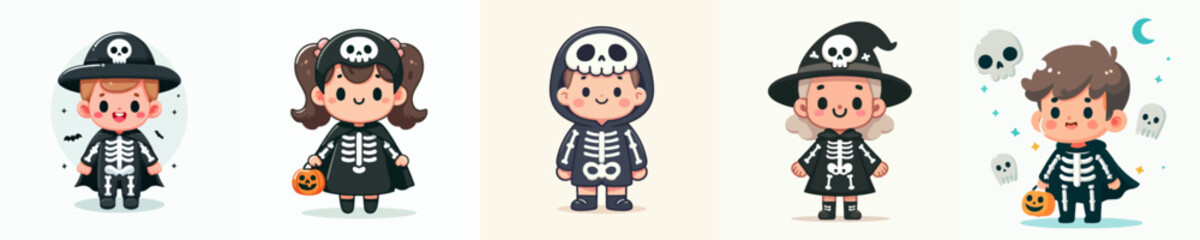 vector of a children wearing a halloween skeleton costume