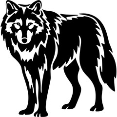 A striking black and white silhouette of a wolf standing alertly showcasing its wild spirit and powerful presence