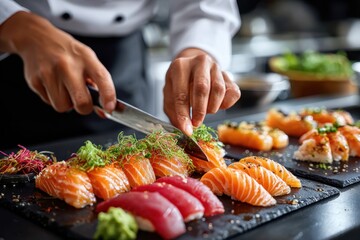 Chef Arranging Fresh Salmon and Tuna Sashimi