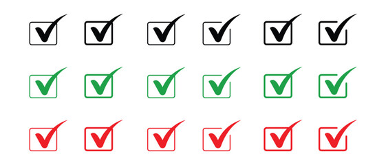 Check Mark Icons in Black Green and Red on Transparent Background