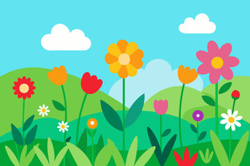 Vibrant cartoon illustration of a cheerful spring meadow filled with colorful flowers green rolling hills and fluffy white clouds against a bright blue sky