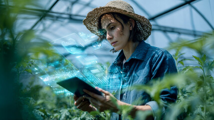 Focused female farmer in modern greenhouse uses digital tablet with holographic interface for agriculture technology. serious woman wears hat while examining her green plants