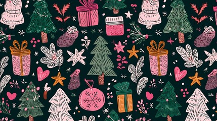 A festive Christmas pattern featuring hand-drawn holiday elements such as trees, presents, stars, and garlands, all illustrated in a cute Memphis boho style.