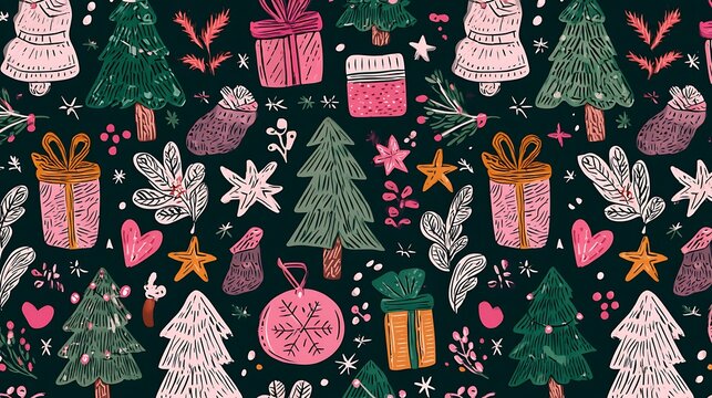 A festive Christmas pattern featuring hand-drawn holiday elements such as trees, presents, stars, and garlands, all illustrated in a cute Memphis boho style. - Powered by Adobe