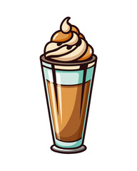 A delicious iced coffee drink with whipped cream and caramel drizzle in a tall glass on a white background