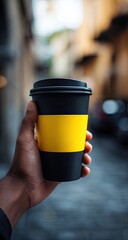 A hand holds a black disposable coffee cup with a yellow band
