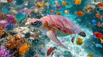 Sea Turtle Swimming in Reef with Fish