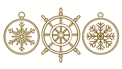 Three decorative circular ornaments featuring a snowflake a ship s wheel and another snowflake in a simple line art style