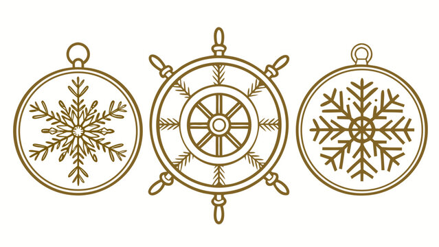 Three decorative circular ornaments featuring a snowflake a ship s wheel and another snowflake in a simple line art style