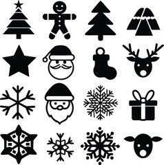 Christmas holiday icons collection with tree, snowflake, Santa, reindeer, gift, star, winter, festive celebration design