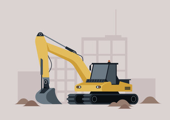 Heavy machinery operates vigorously at a construction site, with an excavator digging through soil and dirt as new structures take shape under a clear sky