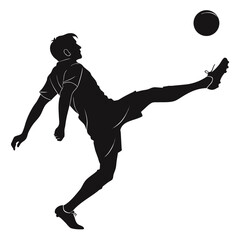 Dynamic silhouette of a male soccer player in mid air performing a bicycle kick on a white background