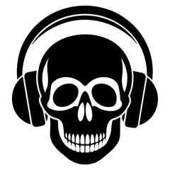 Stylized black skull wearing large over ear headphones listening to music with a grinning mouth